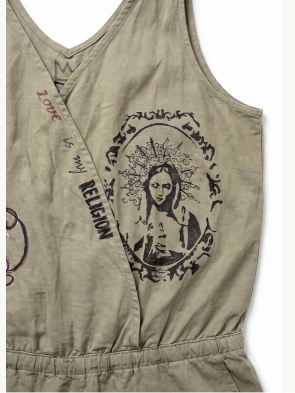 Hand Crafted Tan Graphic V-Neck Romper - Picture 7 of 8